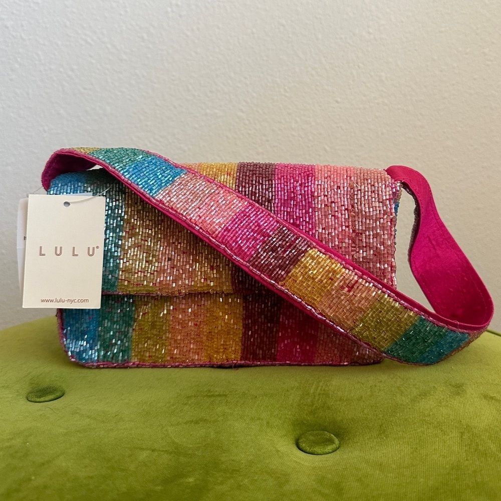 LULU NYC Rainbow Stripes Beaded Baguette Purse Handbag with Shoulder Strap